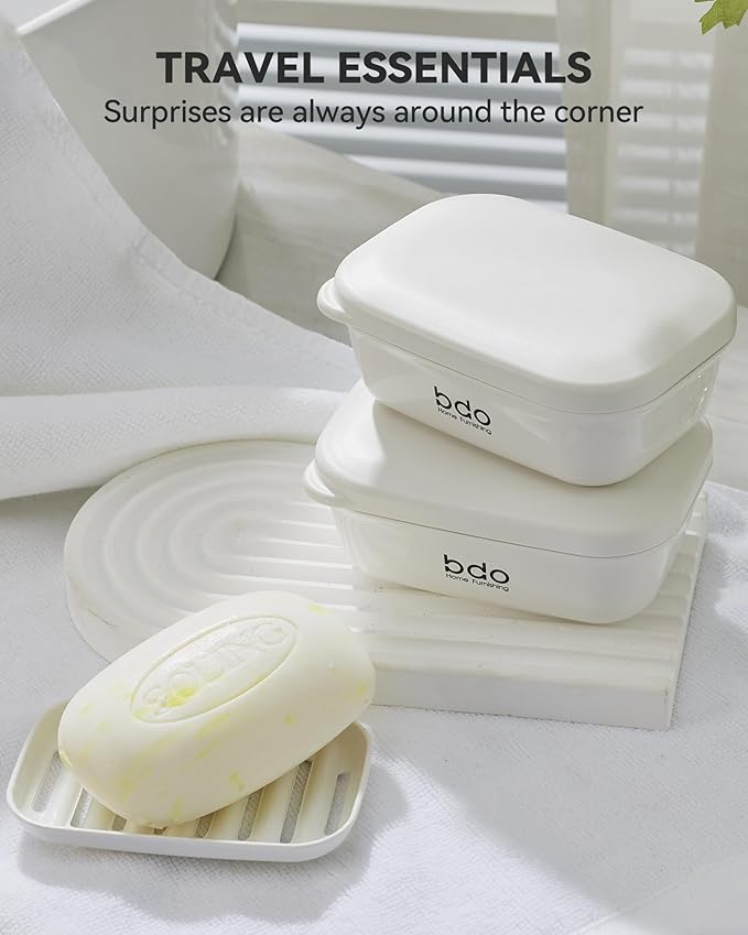 Travel Essentials Soap Holder with Lid, Leakproof Soap Dish with Drainage Layer, Portable Travel Soap Bar Case for Camping, Gym, Bathroom, Kitchen, Dormitory, Hotel (White)