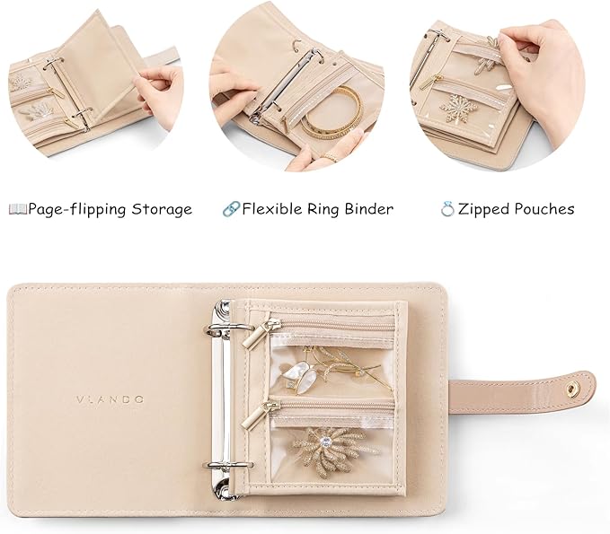 Vlando Small Jewelry Book Organizer - Leather Travel Jewelry Case with 5 Detachable Pages for Necklaces, Rings, Earrings, Tangle-Free, Giftable, Latte