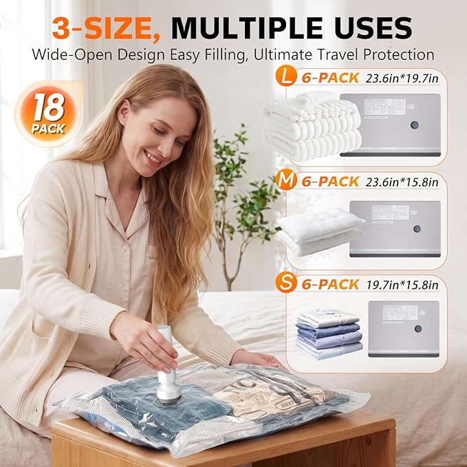 18 Pack Vacuum Storage Bags for Travel with Rechargeable Cordless Pump, Space Saver Bags for Clothes, Compression Packing Bags for Luggage and Suitcase, 18 Combo Size