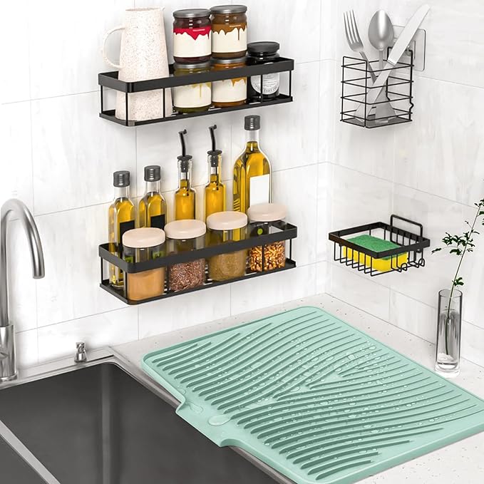 TIKNIK Dish Drying Mat, Stone Drying Mat for Kitchen Counter with Built-in Drain, Non-Slip Drying Matt Kitchen Counter, Heat Resistant Silicone Drying Mat, Dish Drying Pad, 2 Pcs (Mint 20" x 15")
