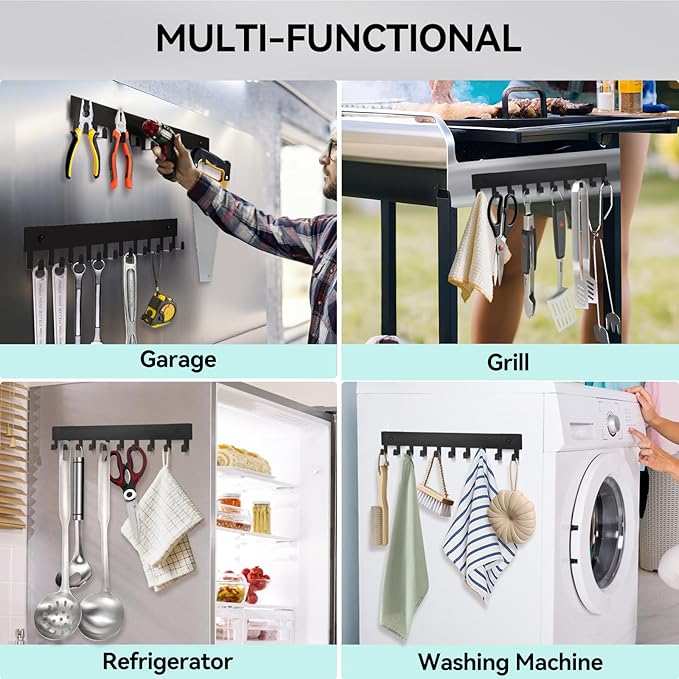 Magnetic Key Holder for Fridge, Heavy Duty Strong Magnetic Key Hanger with 10 Hooks for Refrigerator, Magnetic Key Holder Wall Mount for Metal Surface in Entryway, Garage, Pantry, Washing Machine