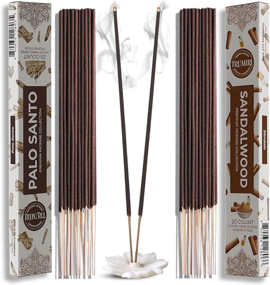 Trumiri Incense Sticks - Combo Pack of 40 Insence-Sticks - 20 Palo Santo + 20 Sandalwood - Insenses - Insents - Incents - Inscense - Incence - Incienso - All Natural Incense Sticks