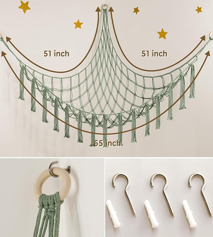 mirolam Stuffed Animal Hammock - Large Stuffed Animal Net Corner - Hanging Stuff Animal Storage Organizer For Plush Plushie Display Room Bedroom Boho Decor