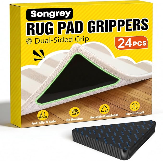 Songrey Rug Tape Rug Corner Grippers 24PCS, Reusable Double-Sided Carpet Tape to Hold Area Rugs Down, Non Slip Rug Pads Gripper for Hardwood Floors No Damage