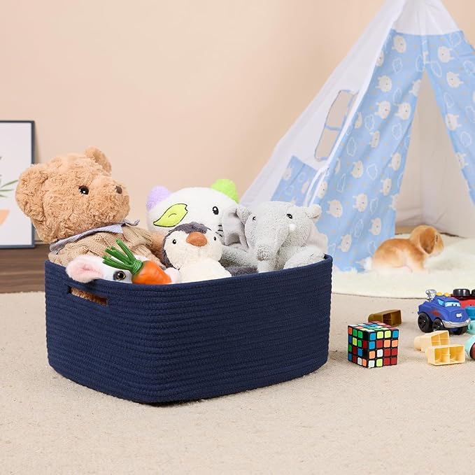 MiniArk Large Storage Baskets for Shelves, Closet Organizers Bins for Clothes Blanket Towels, Baby Nursery, Toy Baskets Box, Woven Rope Baskets, 17 x 13 x 7.5”, 3 Packs Navy Blue