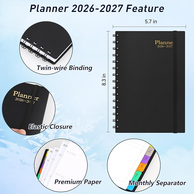 Daily Planner 2026-2027, 18-Month Weekly and Monthly Calendar Planner, January 2026 - June 2027, Planning Agenda Book with Laminated Tabs, Flexible Cover, 100GSM Thick Paper, A5 Size,Black