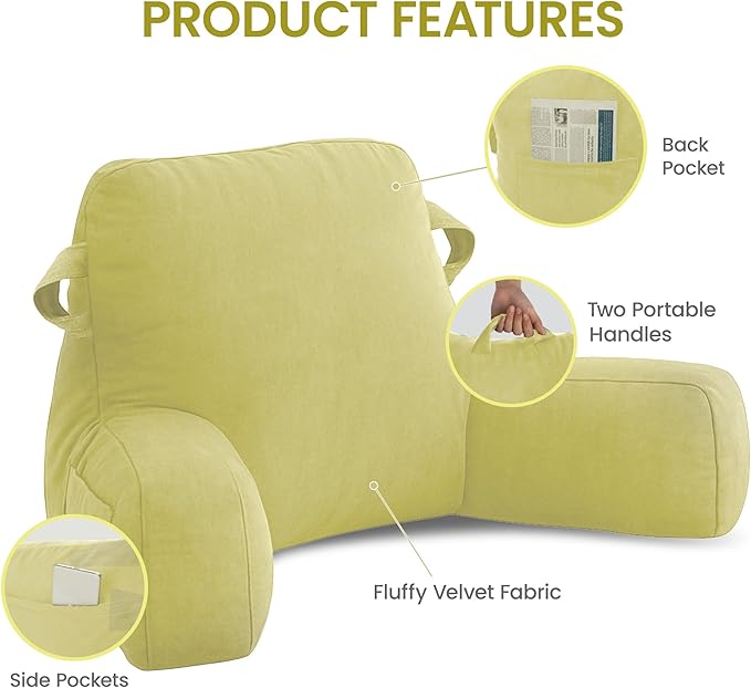 Portable Comfy Reading Pillows for Bed Sitting Up(Yellow Oeko-Tex), Velvet Back Pillow with Arms & Pockets for Adults, Support Memory Foam Bed Pillow for Dorm/Reading/Watching/Gaming