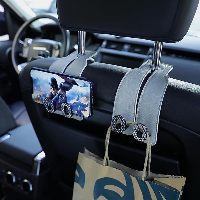 Car Headrest Hooks Universal Car Purse Hook Premium Leather and Alloy Twin Hook Car Seat Back Storage Hanger Hook for Purse Bags Cloth Drink Durable Holder Car Accessories (BH09-Grey-Black-4 Pack)