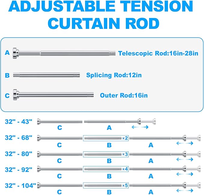 TEECK Shower Curtain Rod, 32-68 inch Adjustable Spring Tension Curtain Rod, Never Rust Anti-Slip Shower Curtain Rod for Bathroom, No Drilling, Never Collapse, Easy to Use, Silver