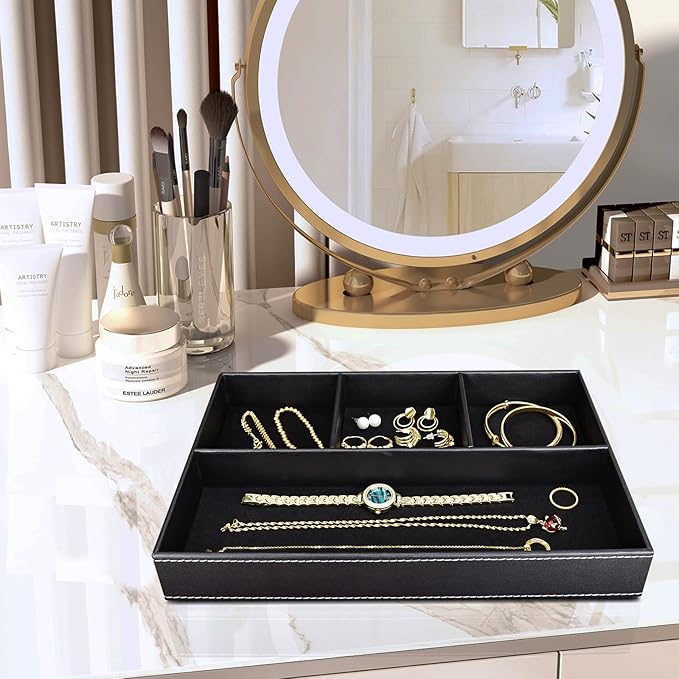 GORESE 2 Pieces Faux Leather Valet Tray for Men, Stackable Jewelry Organizer for Drawers, Nightstand Caddy Tray for Key, Wallet, Sunglass, Watch, Coin, Phone, Bedside Desk-top Storage Black