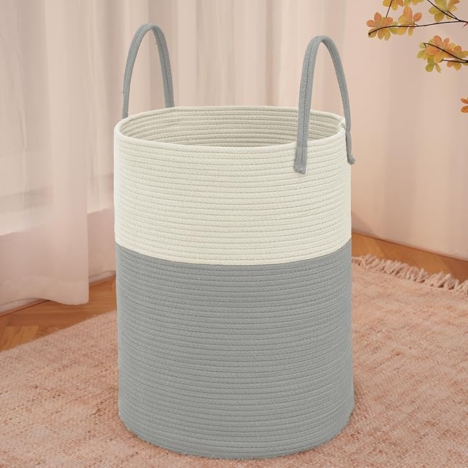 Large Woven Laundry Basket Hamper, 60L Cotton Rope Storage Bin for Blankets, Toys, and Clothes, Decorative Tall Nursery Hamper for Living Room, Baby Nursery, Bathroom, and Bedroom, White and Grey