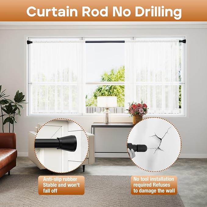 Spring Tension Curtain Rod for Windows 45 to 77 inch Black Long Tension rod Adjustable Spring Curtain Rods No Drilling Short Tension Rod for Kitchen, Closet, Bathroom, Bookshelf