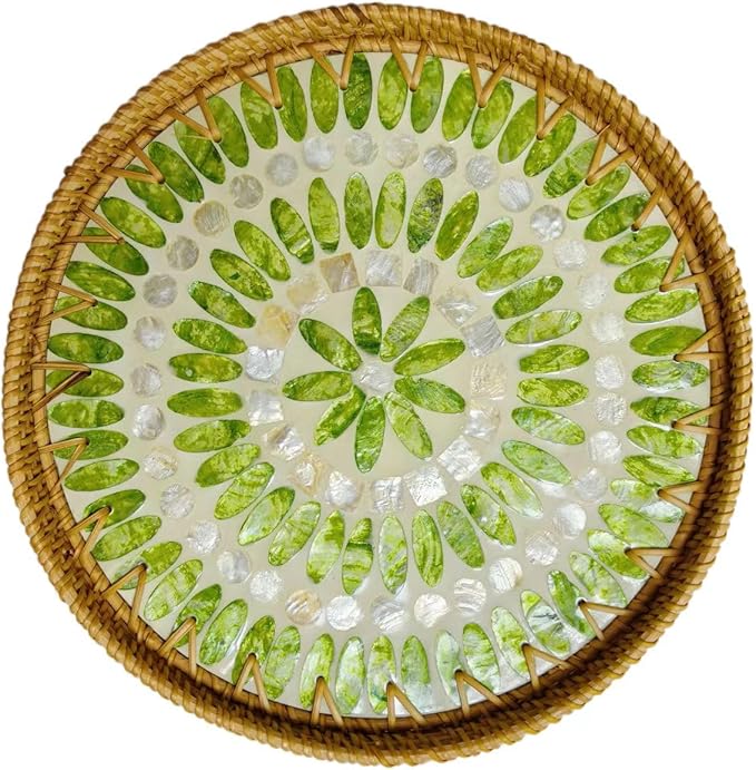 Handmade Round Rattan Tray with Mother of Pearl Inlay, Rattan Serving Tray with Wooden Base, Table Decoration with Wicker Baskets, for Storing and Displaying Bread, Fruit, Desserts (Green Grape)
