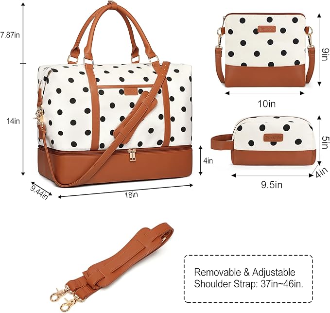 3Pcs Set Polka Dots Weekender Bags for Women Canvas Carry On Overnight Bag Travel Duffle Tote Bag for with Shoes Compartment, Brown