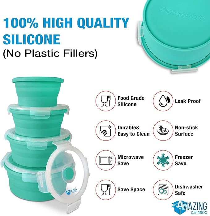 Set of 4 Silicone collapsible food storage containers with lids, Collapsible Bowls for Camping, Rv storage and organization, Rv Kitchen Accessories, BPA Free, Microwavable, Freezer, Dishwasher Safe