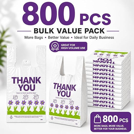 YoYoRain 800 Pack Purple T-Shirt Bags, 11"x6"x21" Plastic Carry Bags with Handles for Retail & Grocery Use