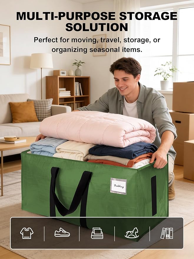 HOMESURE Supports 200lbs Heavy Duty Moving Bags - Strong Zipper & Wrap-Around Handles - Water-Resistant Storage Totes, Durable Alternative to Moving Boxes - 4 Pack - Olive Green