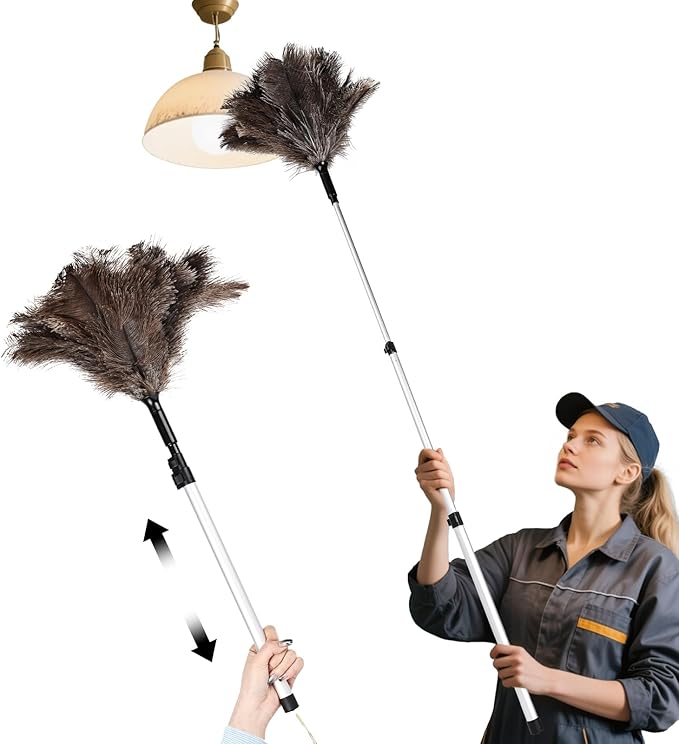 Daieeparty Extendable Ostrich Feather Duster up to 25-49 inches Fluffy Feathers Long Handle Reusable for Cleaning Ceiling Fan Pendant lamp Feather Duster 1pcs