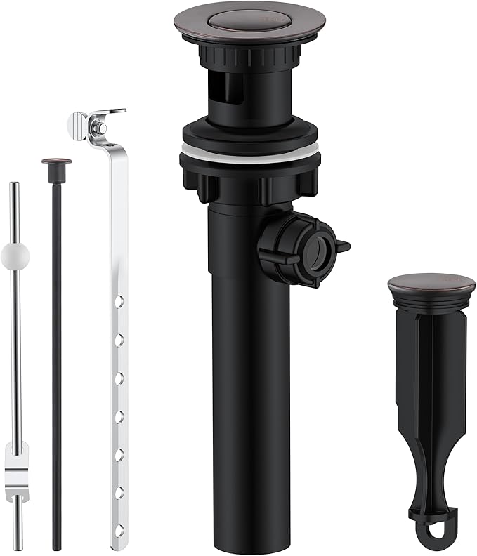 KENES Oil Rubbed Bronze Bathroom Sink Drain Assembly with Lift Rod, Bathroom Sink Drain with Overflow, Lavatory Pop Up Drain Stopper for Bathroom Vanity Sink, LJ-P701-8