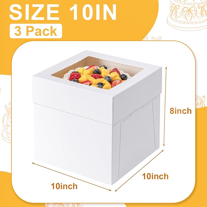 3 Pack Cake Boxes 10 Inch, 10x10x8 Inches Tall Cake Large Box, Disposable Cakes Transport Containers with Lids, Bakery Boxes with Large Window, for Cookies Pies Cupcakes Pastry-Wedding,Birthday, Party