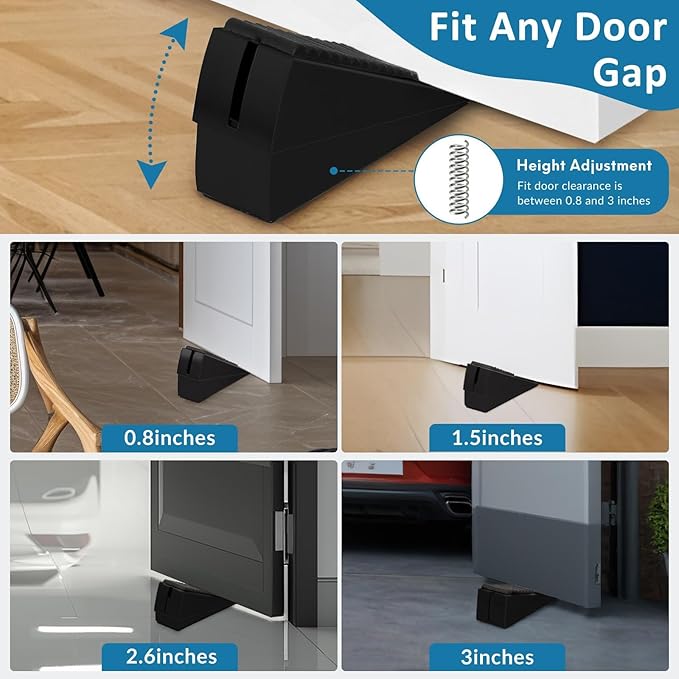 Heavy Duty Door Stopper, Adjustable Spring Large Stopper, 3 Inches High Tall Wedge Stoppers for Bottom of Door, Door Stop Suits Any Heavy Door, Black