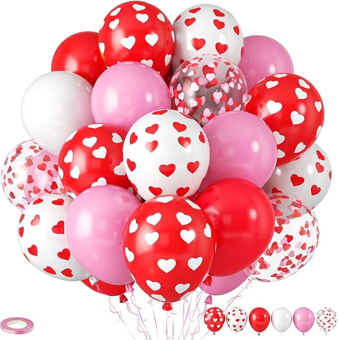 Pink Red Balloons, Red Pink Heart Printed Balloons, Heart Confetti Balloon For Valentine's Day Birthday Baby Shower Party Wedding Bachelorette Anniversary Celebration Bridal Shower Decorations