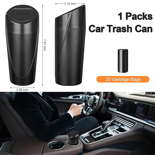 Kincown Car Trash Can, Mini Car Trash Bin with Lid, Leakproof Cup Holder Car Garbage Can with 20 Trash Bags, Vehicle Front Back Seat Organizers and Storage for Car, Home, Office, Black