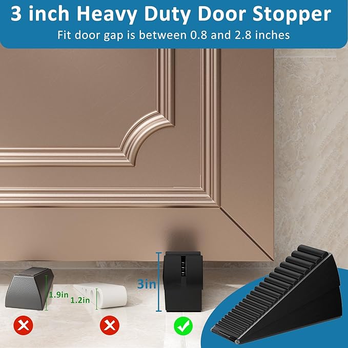 2 Pack Heavy Duty Door Stopper, Adjustable Spring Large Stopper, 3 Inches High Tall Wedge Stoppers for Bottom of Door, Door Stop Suits Any Heavy Door, Black