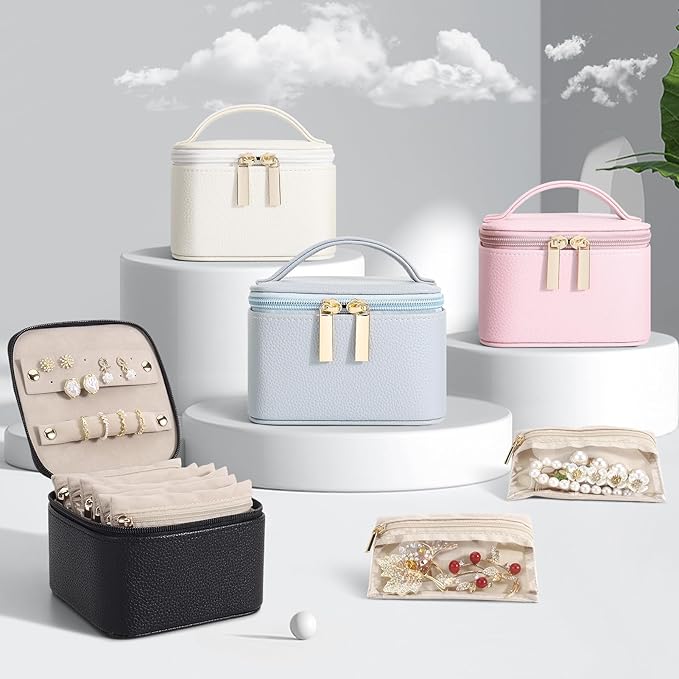 DesignSter Small Jewelry Box, Travel Small Jewelry Organizer with Earring Tray and Ring Holder, Square Travel Jewelry Storage Case with 6 Velvet Jewelry Pouches, Pink
