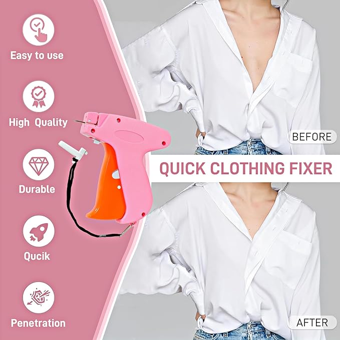 Stitch Gun for Clothes， Handheld Stitch Gun Quick Clothing Fixer，Sewing Kit Includes 1,000 Black Fasteners & 1,000 White Fasteners & 6 Needles (Pink-orange)