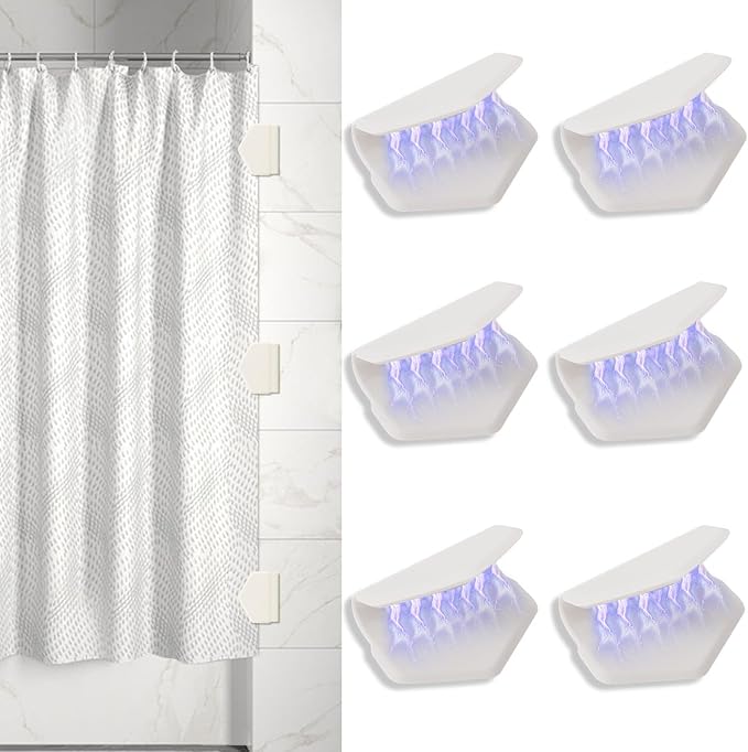 6 Pack Magnetic Silicone Shower Curtain Clips for Liners, Self-Adhesive Waterproof Splash Guards, Strong Magnet Curtain Holders Keep Liner Sealed to Wall, Windproof Easy Installation No-Drill (White)