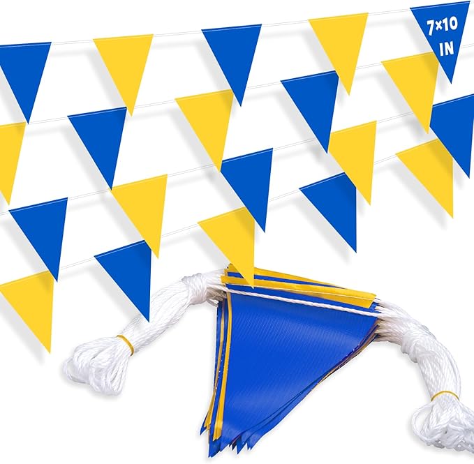 105ft Pennant Banner Flags, 7x10 Blue and Yellow 45 Pcs High Visibility Safety Flagging on String, Triangle Pool Flag for Backstroke, Construction Events Party Decoration Parking Marking Outside