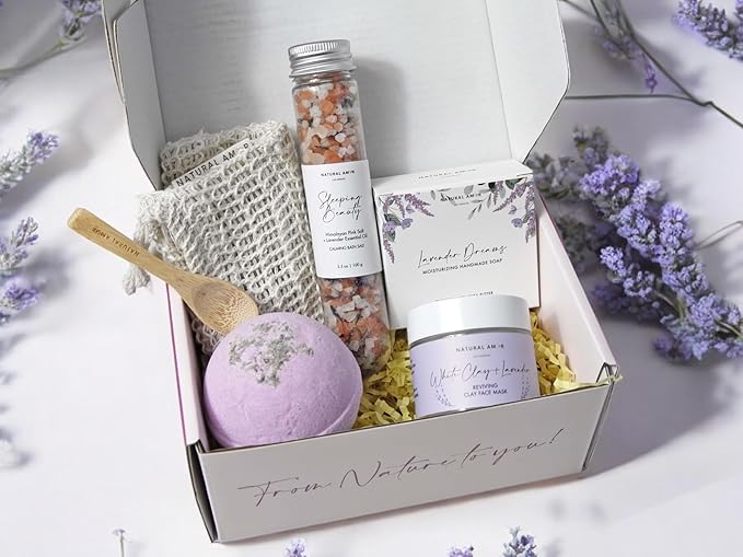 Natural Amor Lavender Spa Gifts for Women, 5pcs Handmade Spa Gift Box for Women, Soap, Clay Mask, Bath Salt, Birthday Gift for Women, Self Care Gift