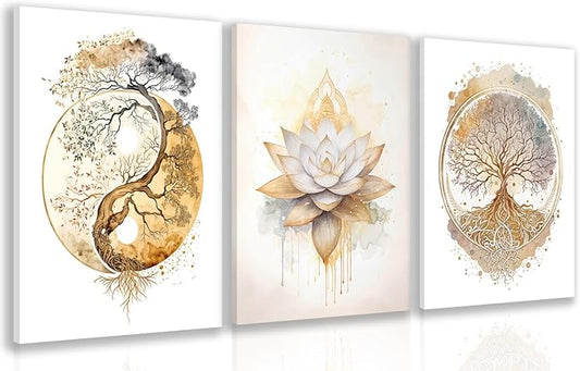 GELDSTEI Tree of Life Wall Art, Calming Zen Wall Decor, Abstract Yin Yang Tree Canvas Painting, Modern Gold Lotus Flower Meditation Poster Print for Living Room Yoga Room Bedroom Framed 16"x24"x3