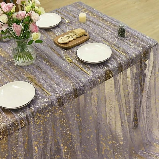 Horaldaily Grayish Purple Gold Tablecloth 60x60 Inch Square, Golden Sequin Glitter Metallic Foil, Sheer Tulle Cheesecloth for Wedding Baby Shower Ceremony Birthday