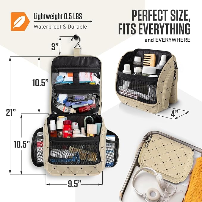 VENTURE 4TH Hanging Travel Toiletry Bag for Women & Men – Large Toiletry Organizer with 17 Compartments, Removable TSA Pouch, Travel Wash Bag for Toiletries, Makeup & Shaving Kit (Beige Diamonds)