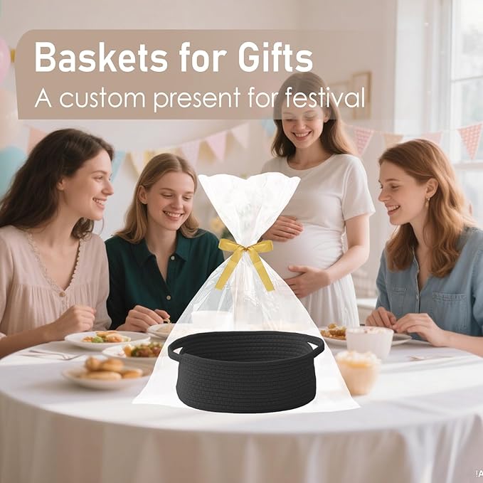 Woven Basket,Small Rope Storage Bin with Handles & Ribbon Bag, Organizer for Shelves Closets,Gift Basket Empty for Birthday,Books,Dog Toys, Black/2 Pack