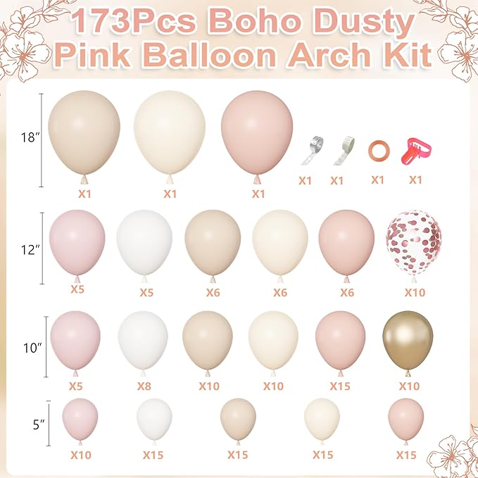 Amandir 173Pcs Boho Dusty Pink Balloon Arch Garland Kit, Neutral Baby Pink Ivory White Sand Nude Rose Gold Confetti Balloons for Girl Baby Shower Gender Reveal Wedding Birthday Party Decorations