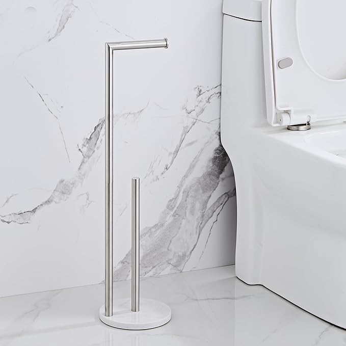 Marble Toilet Paper Holder Stand - Brushed Nickel, Freestanding with Storage, Floor Stand, Silver Toilet Roll Holder, Standing Paper Towel Holder