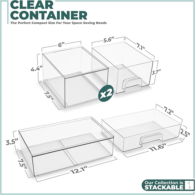 Sorbus Stackable Acrylic Storage Drawers – 2 Small + 1 Wide – 3 Pack Clear Plastic Organizer Bins for Baby Bottles, Makeup, Bathroom & Vanity, Pull-Out Drawer Design for Kitchen Cabinets
