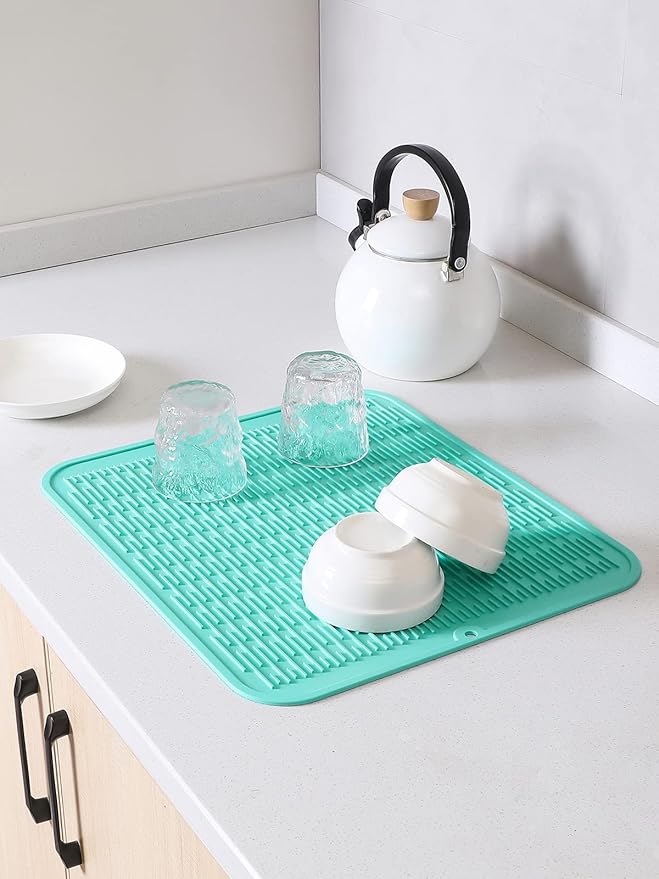 MicoYang Silicone Dish Drying Mat for Multiple Usage,Easy clean,Eco-friendly,Heat-resistant Silicone Mat for Kitchen Counter or Sink,Refrigerator or Drawer Liner Mint XL 18 inches x 16 inches