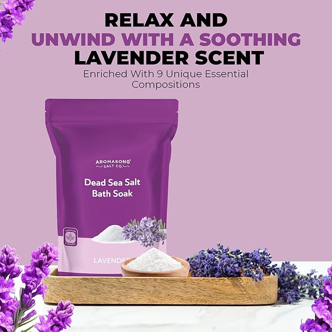 Aromasong Dead Sea Salt for Soaking with Natural Lavender Essential Oil – 14 Oz. Spa Bath Salt Fine Grain 7 Uses Per Pack - for Body Wash Scrub - Soak for Women & Men for Tired Muscles & Skin Issues