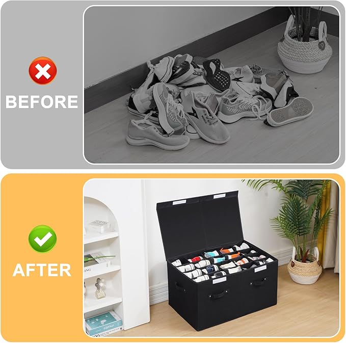 Large Shoe Organizer for Closet Fits 20 Pairs, Shoe Storage Box Bins Containers with Lid and Adjustable Dividers for Shoes, Sneakers and High Heeled, Hard Shell and Stackable (Black)