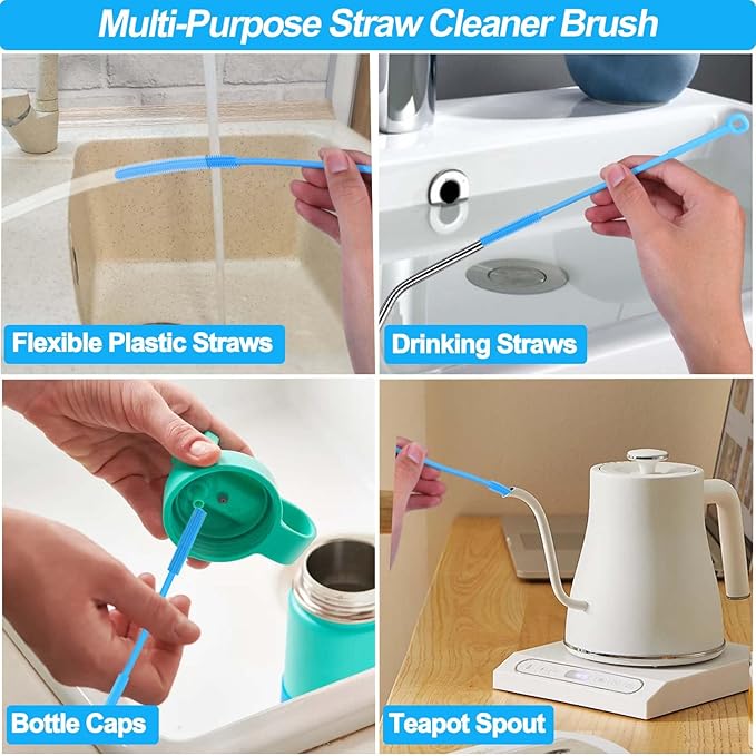 XANGNIER Silicone Straw Cleaner Brush,2 Pcs Reusable Extra Long Straw Cleaner Brush for Cleaning Plastic Metal Stainless Steel Glass Boba Clear Smoothie Travel Drinking Straws,Straw Cover