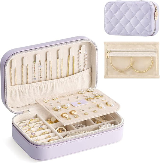Lolalet Travel Jewelry Case for Women Girls, Travel Jewelry Organizer with Clear Storage Bag Small Portable Jewelry Box for Necklace Bracelet Earring Ring Valentines Bridesmaid Gifts -Medium/Purple