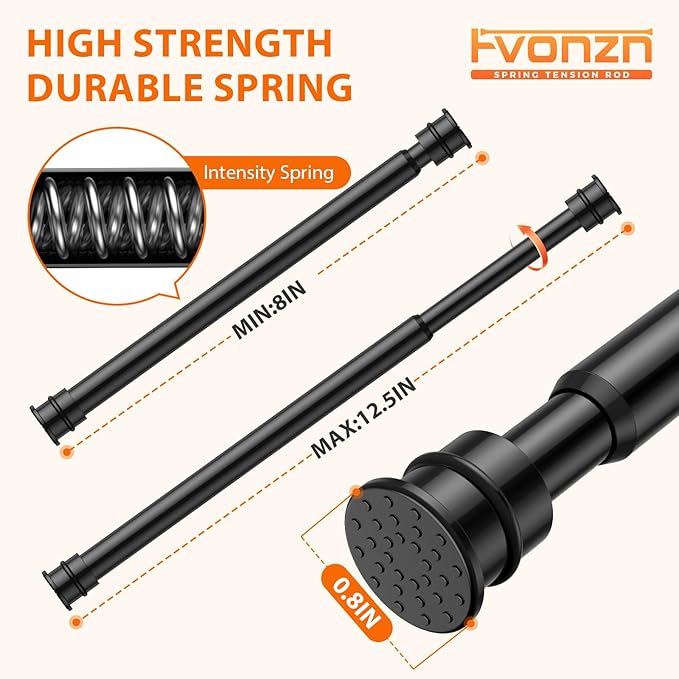 Fvonzon 2 Pack Small Tension Rods 8-12.5 Inch, Thin Tension Curtain Rod, Mini Spring Rod for Closet, Cabinet & Kitchen, Tiny Curtain Rod Tension, Short Closet Rods, Black