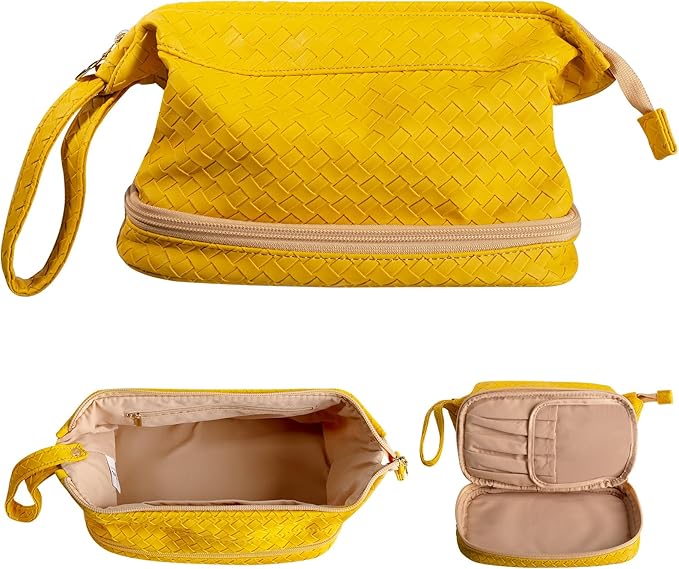 Abiudeng Large Capacity Makeup Bag for Women, Cosmetic Travel Bag with Compartments, Portable PU Leather Travel Makeup Bag with Handle