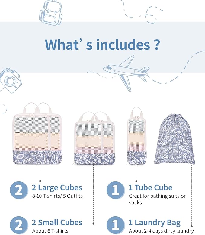 Narwey 6-Piece/5-Piece Compression Packing Cubes for Travel, for Kids, Women, Carry-on, Packing Organizers for Backpacks, Luggage, Suitcases, Duffle Bags