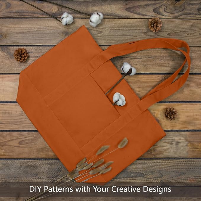TOPDesign 6-Pack Canvas Tote Bags with an External Pocket, Reusable Grocery Shopping Bags, Top Zipper Closure, Daily Essentials (Orange)