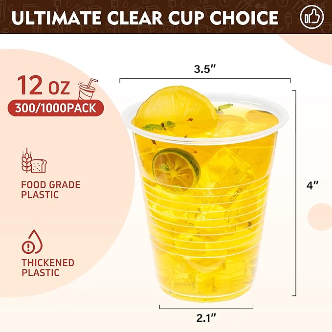 YEEHAW 12 oz Plastic Cups, 1000 Pack - Clear Disposable Drinking Water Cups for Cold Beverages, Ideal for Party